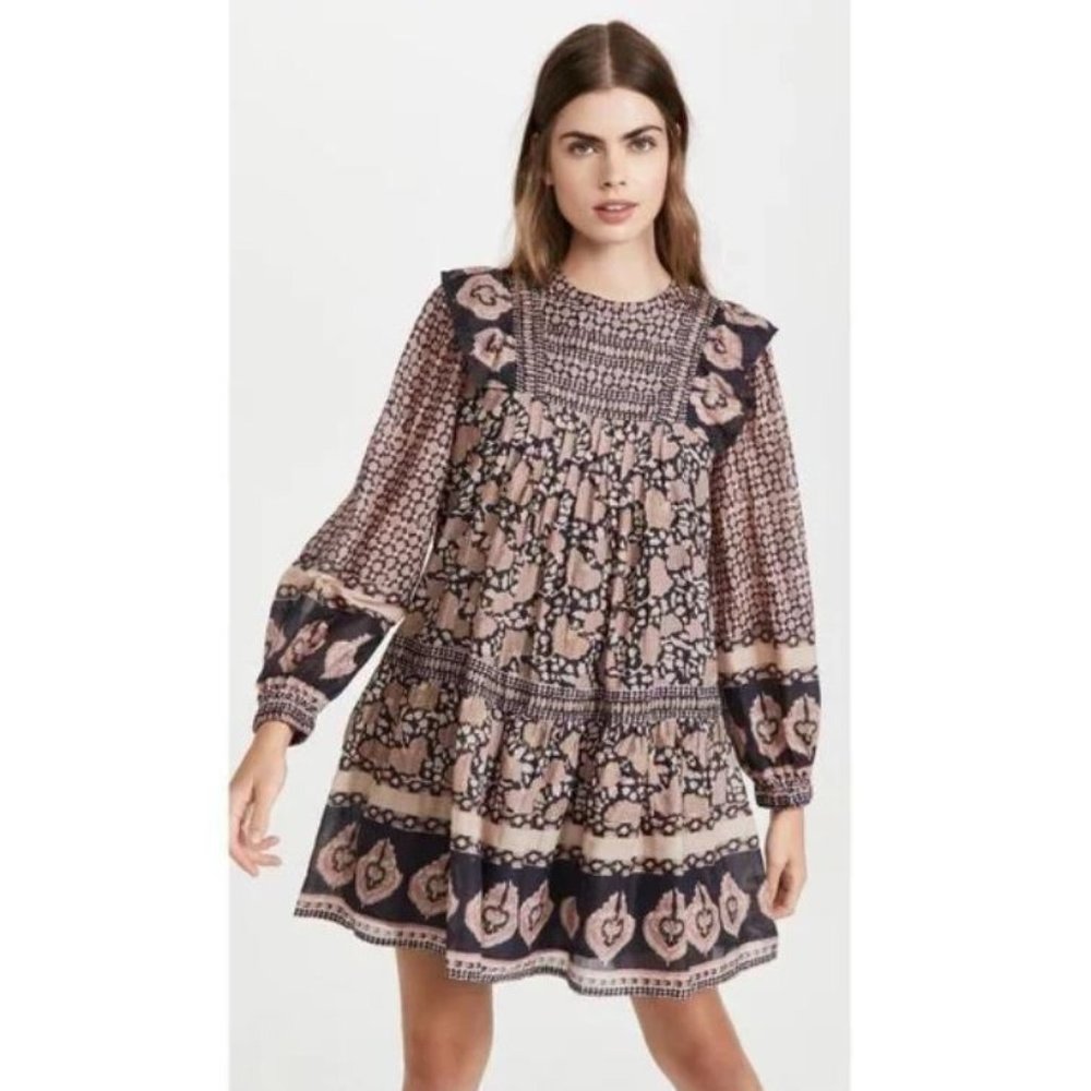 Sea New York Margo Muted Lilac Printed Cotton Ruffled Pleated Dress Size XS